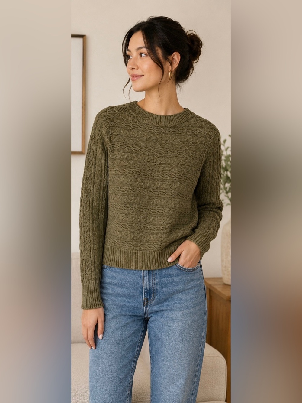 Chaps Olive Green Cable Crewneck Sweater